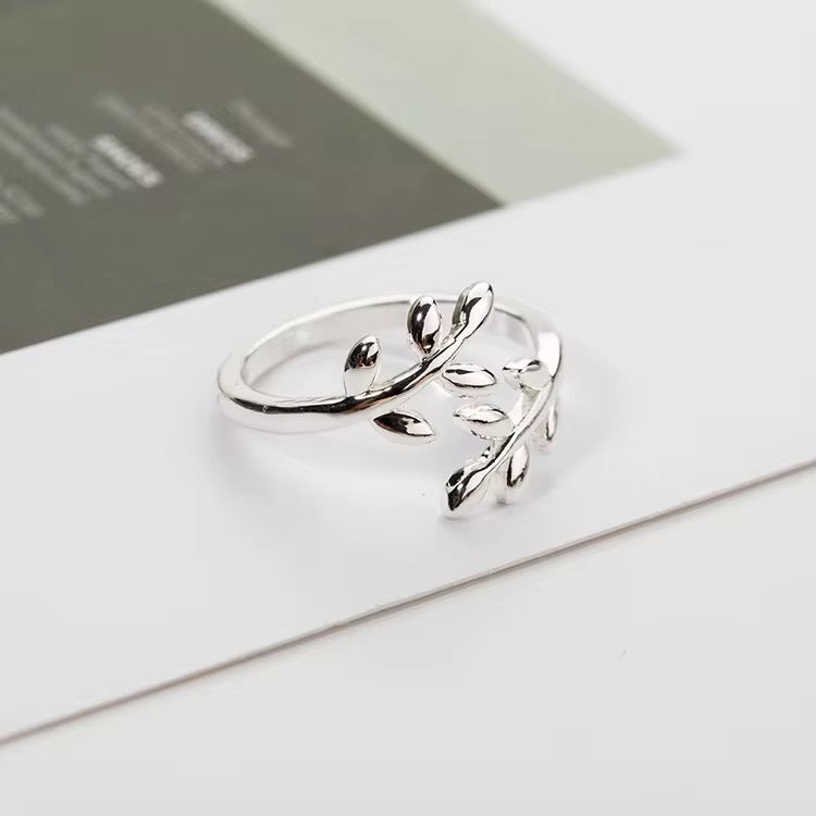 Adjustable Knuckle Finger Open Ring Olive Tree Branch Leaves