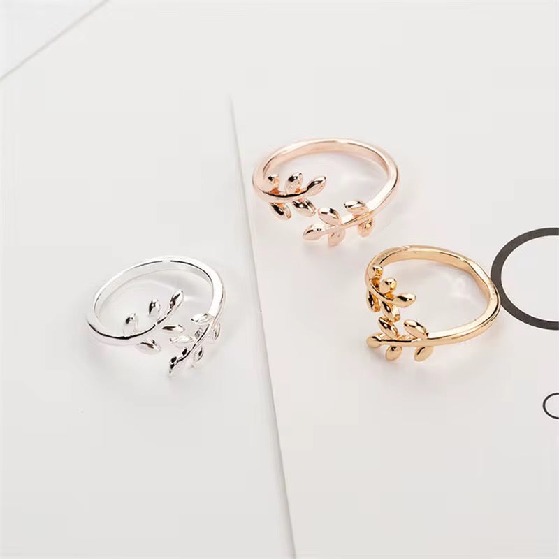 Adjustable Knuckle Finger Open Ring Olive Tree Branch Leaves