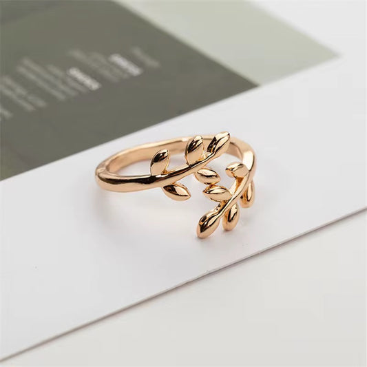 Adjustable Knuckle Finger Open Ring Olive Tree Branch Leaves